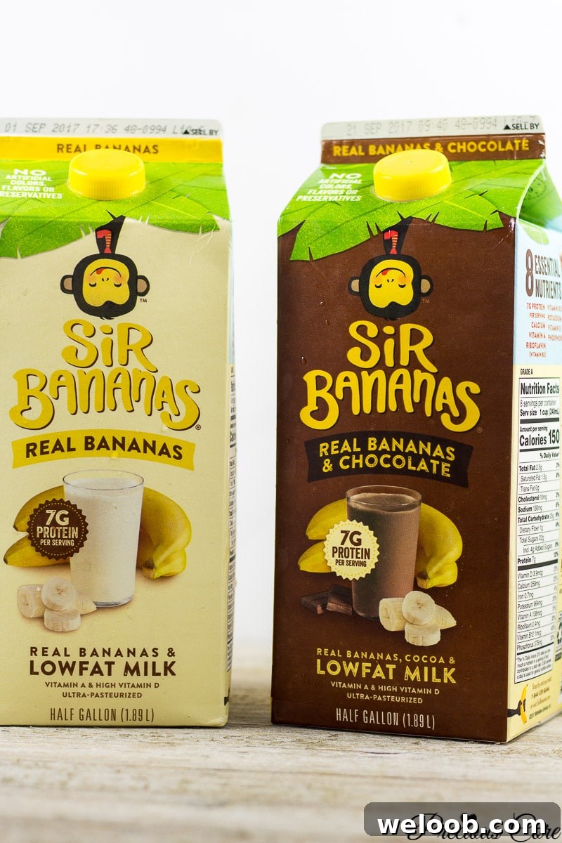 Cartons of Sir Bananas banana and chocolate milk and banana milk.