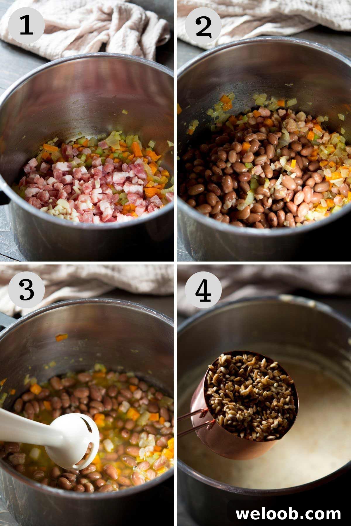 Step by step photos showing how to make Tuscan farro soup