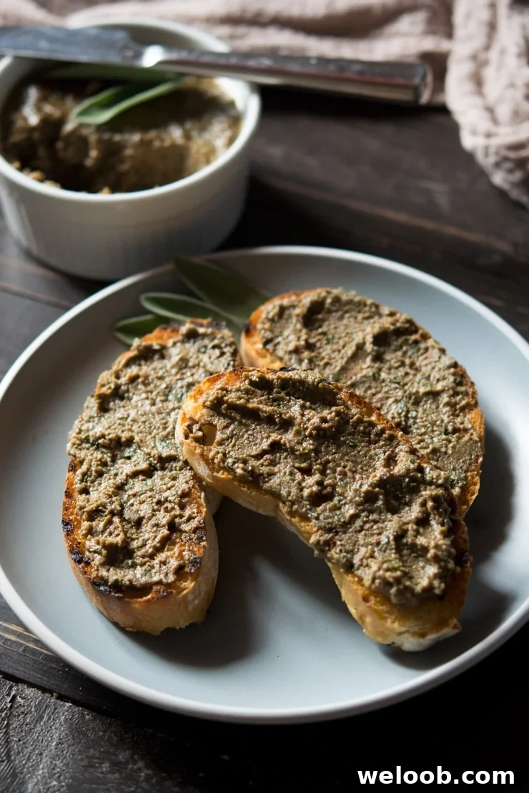 Chicken liver pate spread on crusty bread on a blue plate