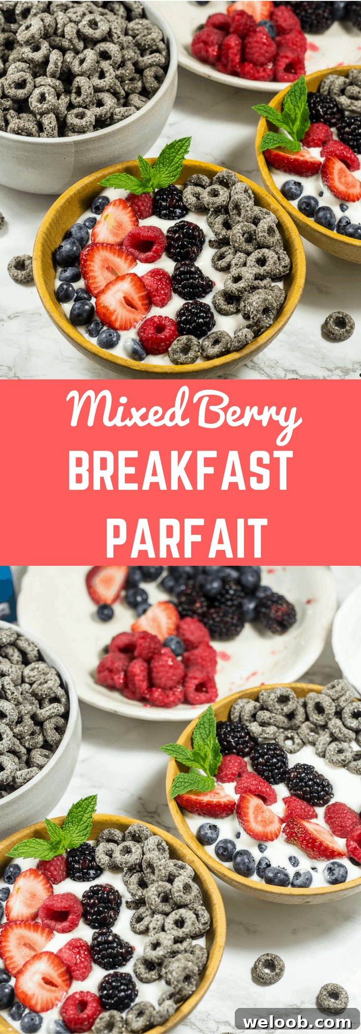 Collage with text "Mixed Berry Breakfast Parfait."