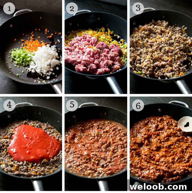 Step by step instructions for how to make beef and sausage ragu wth baked polenta