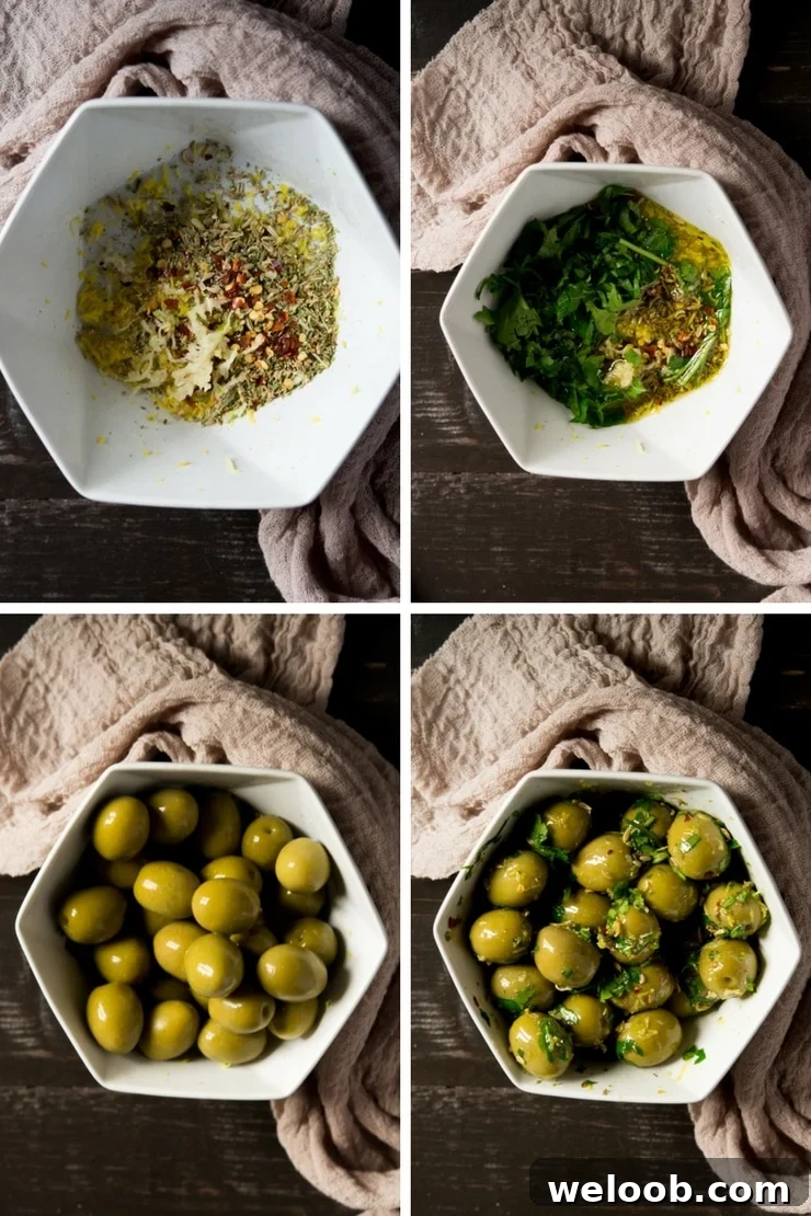 Step by step photos for making marinated olives