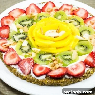 Colorful breakfast pizza with cereal crust.