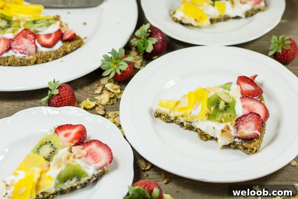 Slices of breakfast pizza on white plates.
