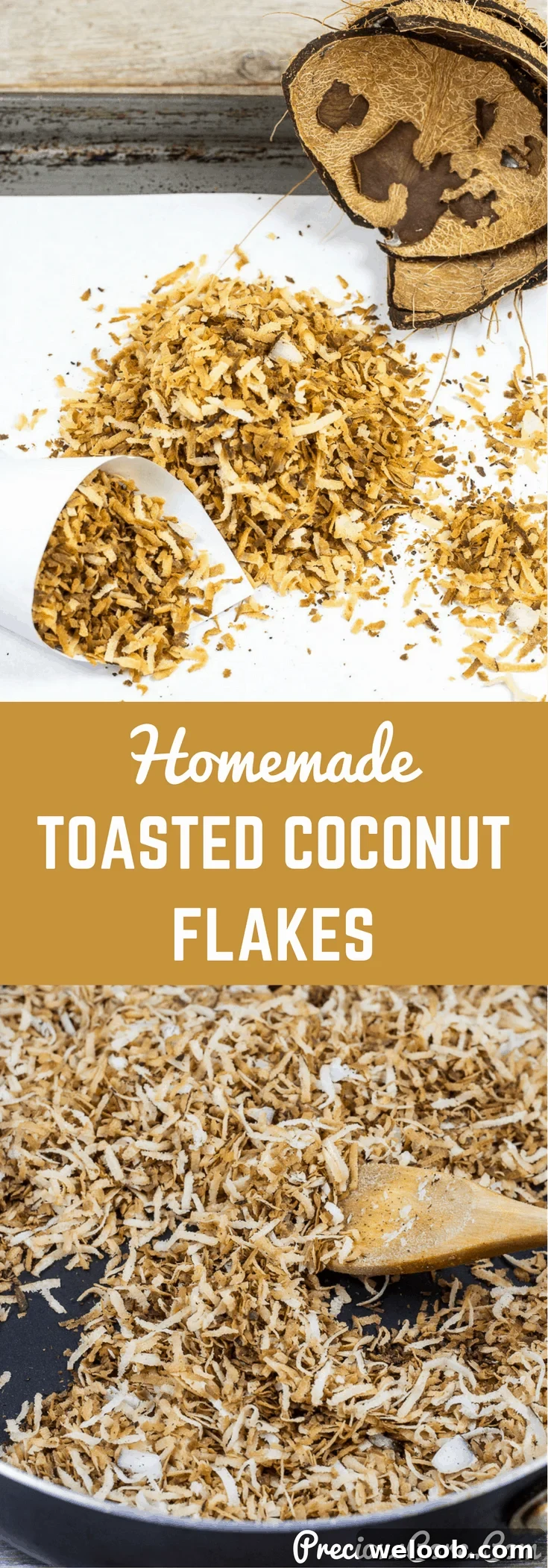 Collage of coconuts with text "Homemade Toasted Coconut Flakes."