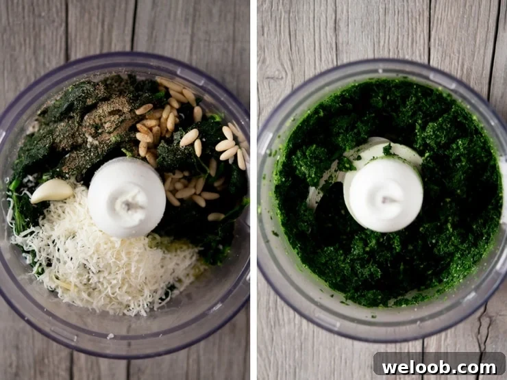 Step by step photos for making pesto pasta sauce