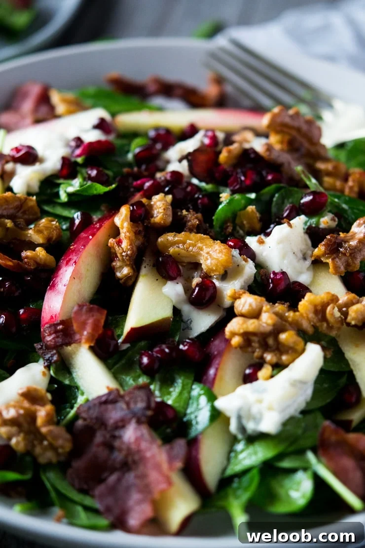 a close of a winter salad made with apple, spinach, pomegranate and gorgonzola