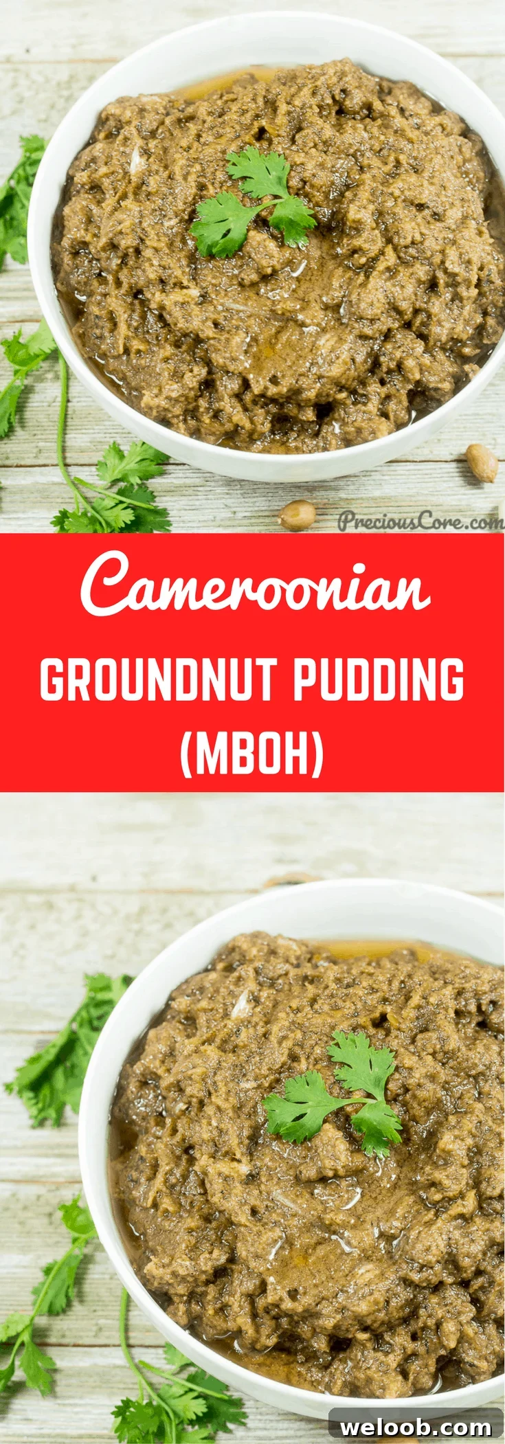 Collage with text "Cameroonian Groundnut Pudding (Mboh)."