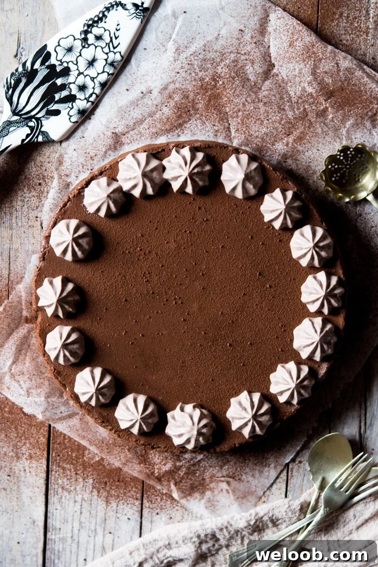 an overhead shot of a no bake chocolate cheesecake topped with ricotta frosting sitting on baking parchment