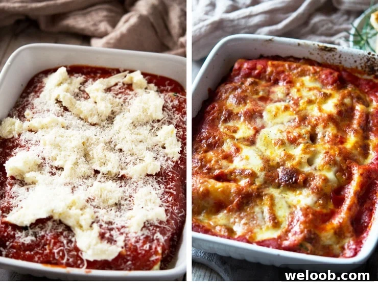 spinach and ricotta cannelloni topped with mozzarella before and after being baked in the oven