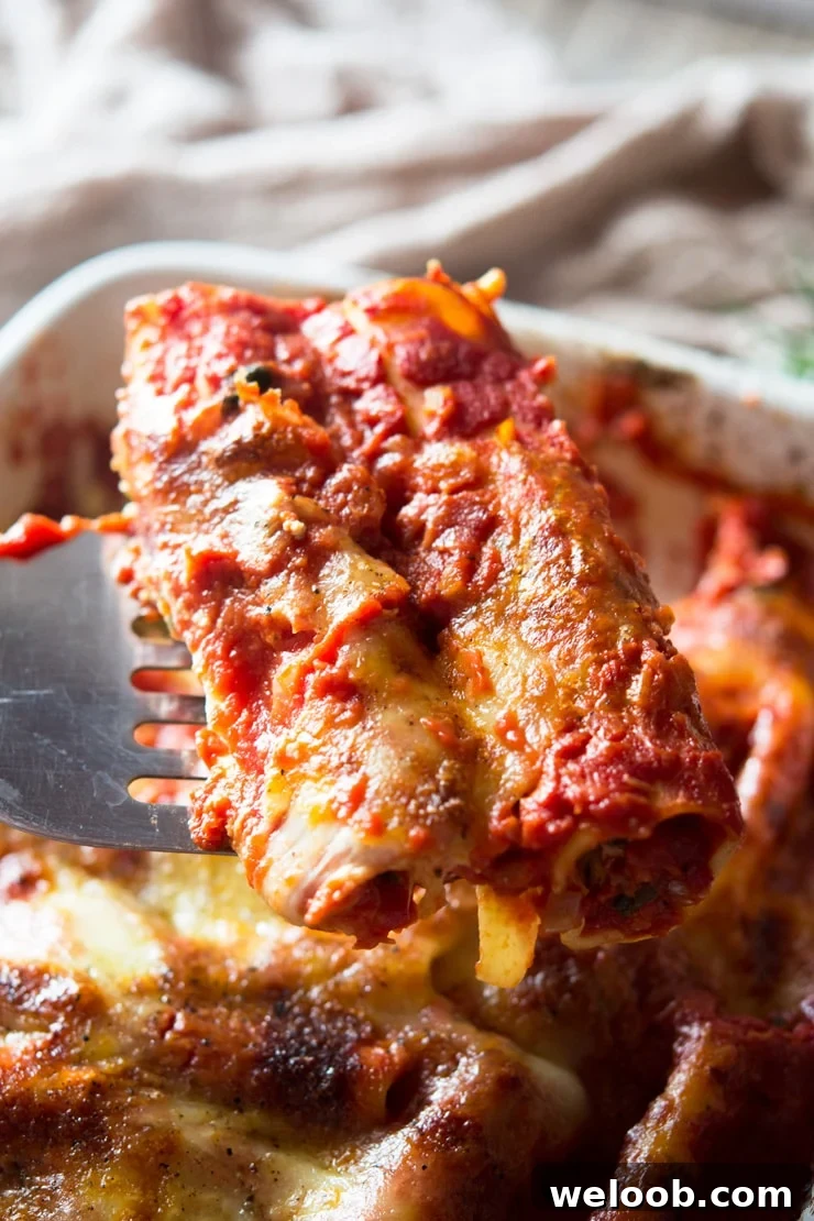 a close up of two spianch and ricotta cannelloni tubes on a serving spoon