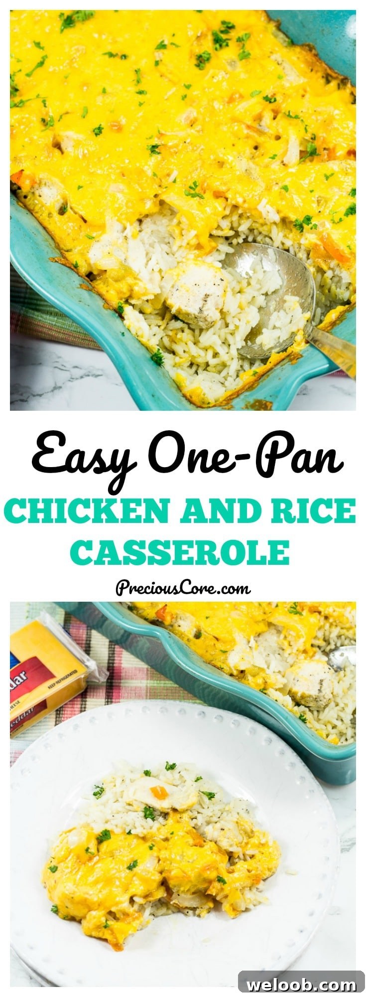 Collage with text "Easy One-Pan Chicken and Rice Casserole."