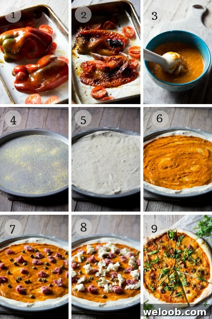 step by step photos for making pizza with sausage and roasted red pepper sauce