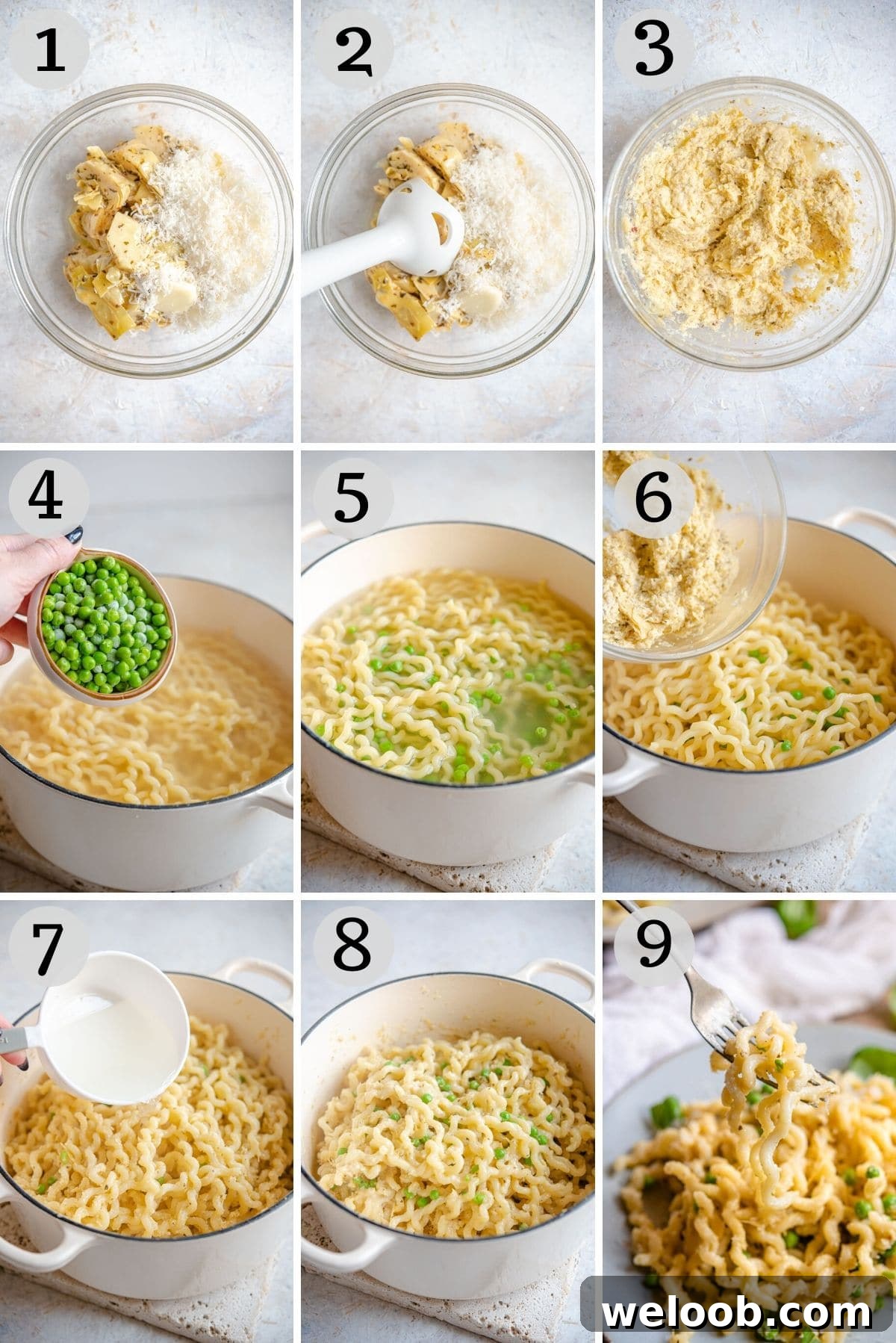 Step by step photos for making artichoke pasta