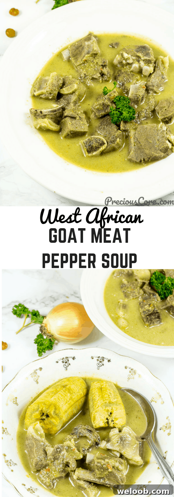 Collage with text "West African Goat Meat Pepper Soup."