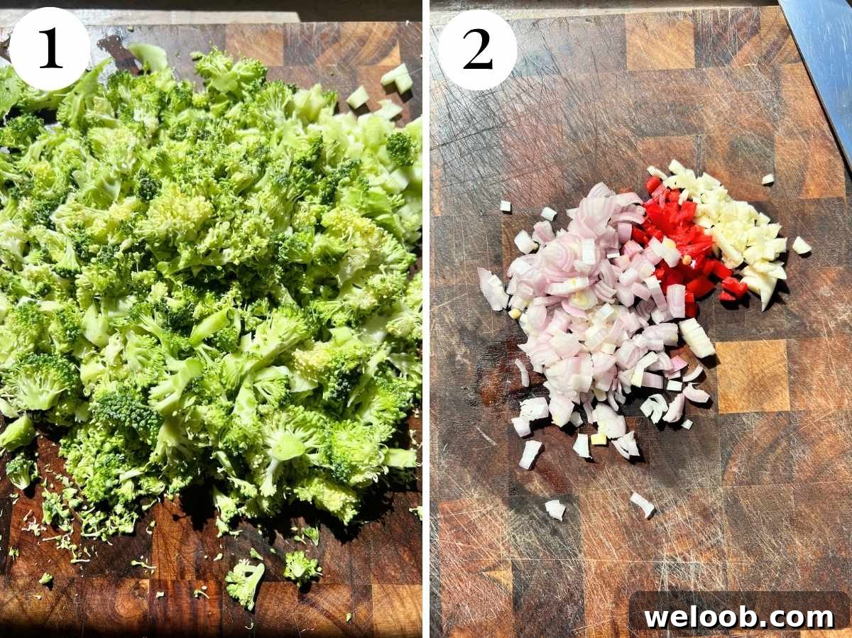 Two photos showing chopped broccoli, shallots, garlic and chilli.