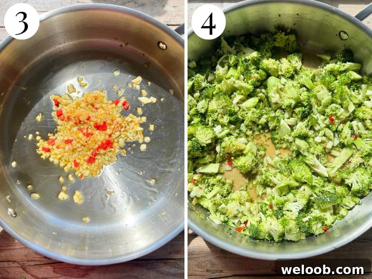 Two photos showing sauteed shallot, garlic and chilli and broccoli with stock.