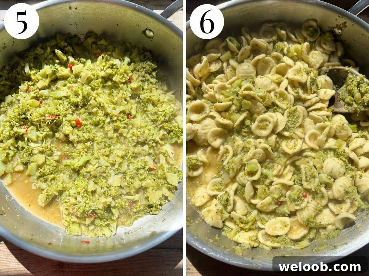 Two photos showing cooked broccoli sauce in a pan and pasta added to it.