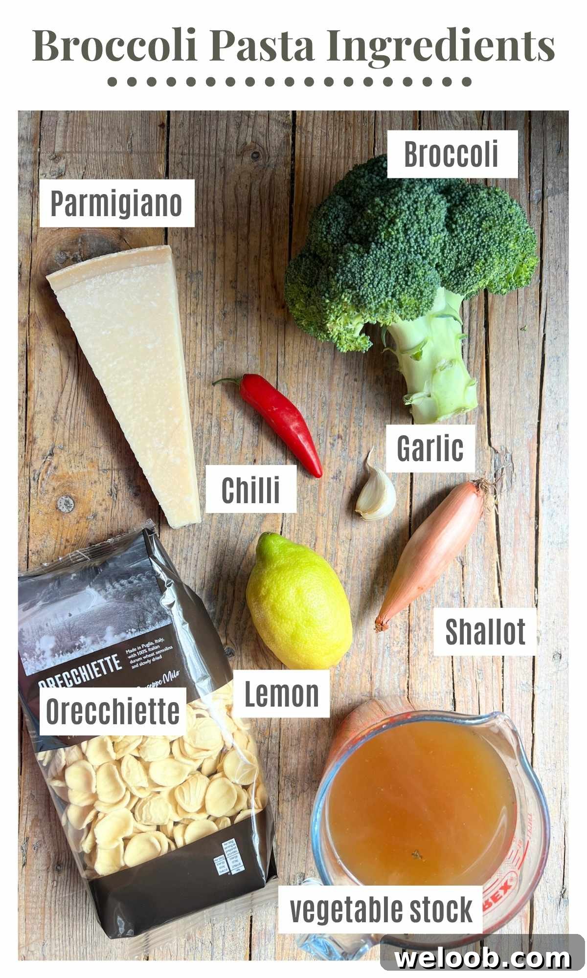 An overhead shot of all the ingredients needed to make a simple broccoli pasta with garlic and chilli.