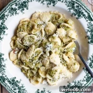 A cropped image showing orecchiette pasta with broccoli sauce in a green and white floral bowl.
