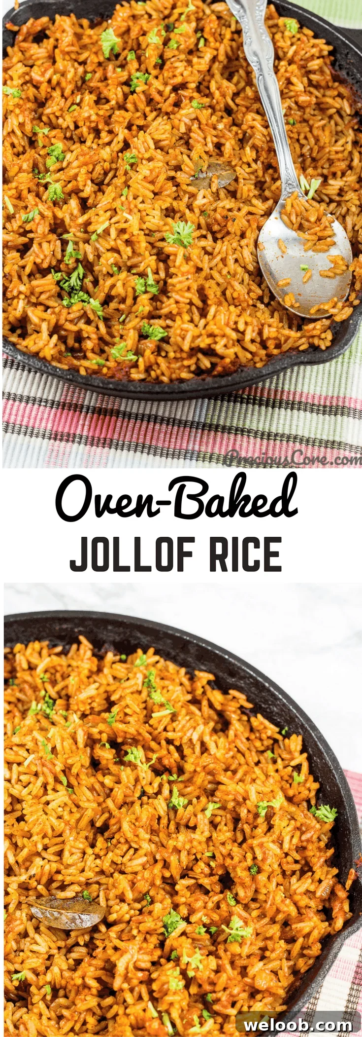 Collage of rice with text "Oven-Baked Jollof Rice."