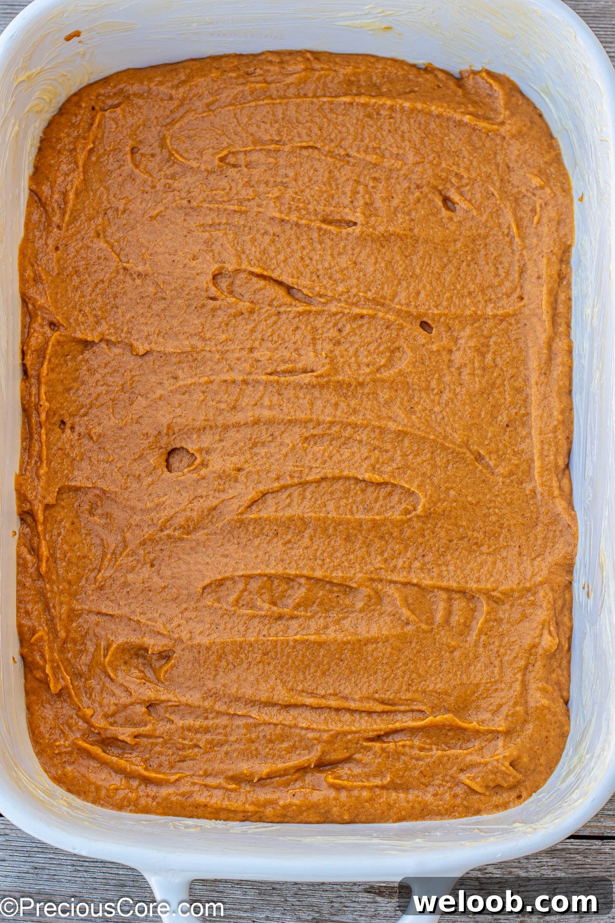 Pumpkin Cake Batter in 9 by 13 pan.