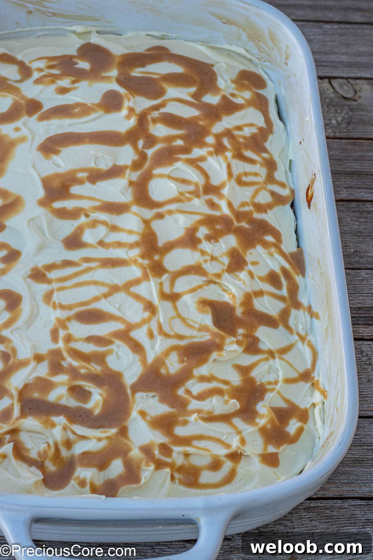 Caramel drizzled on pumpkin cake.