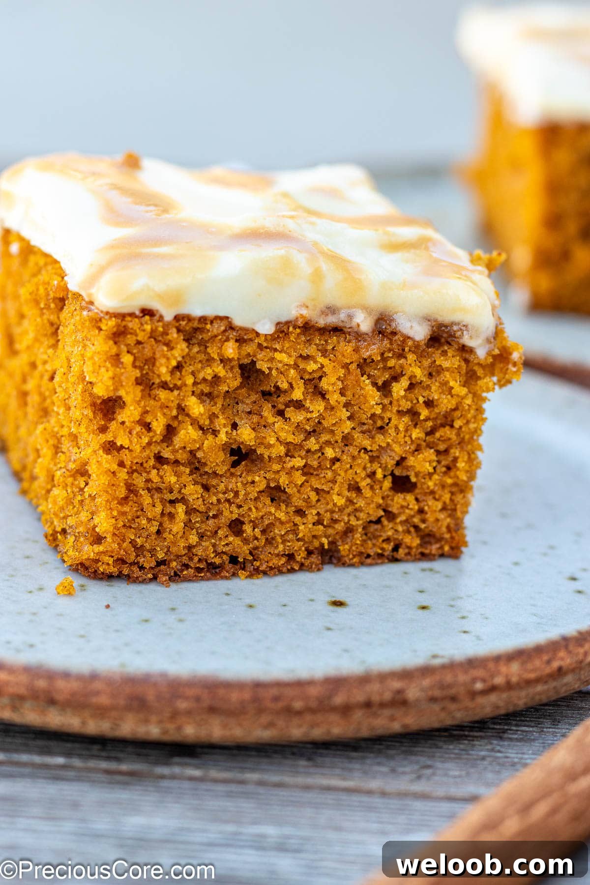 Pumpkin cake topped with cream cheese frosting.