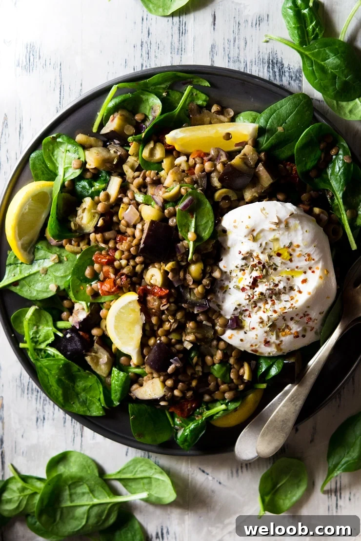 An overhead shot of an Italian lentil salad with eggplant and burrata cheese on a pewter plate
