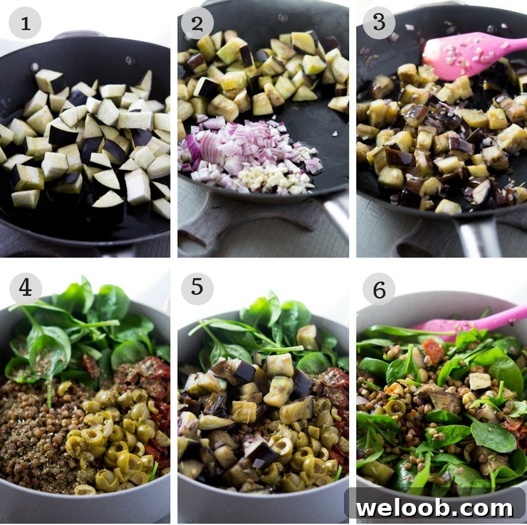 Step by step photos for making a lentil salad with eggplant and burrata cheese