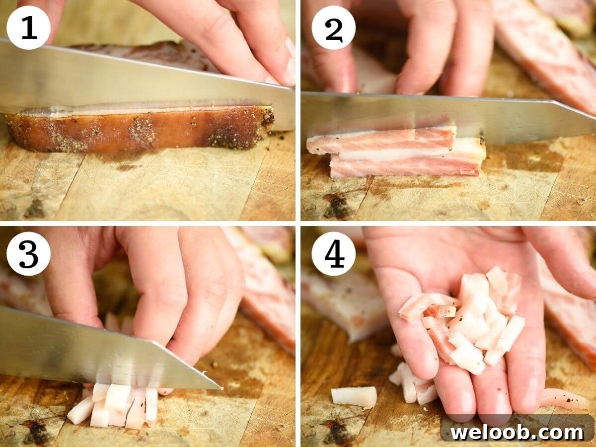 Step by step photos showing how to cut guanciale