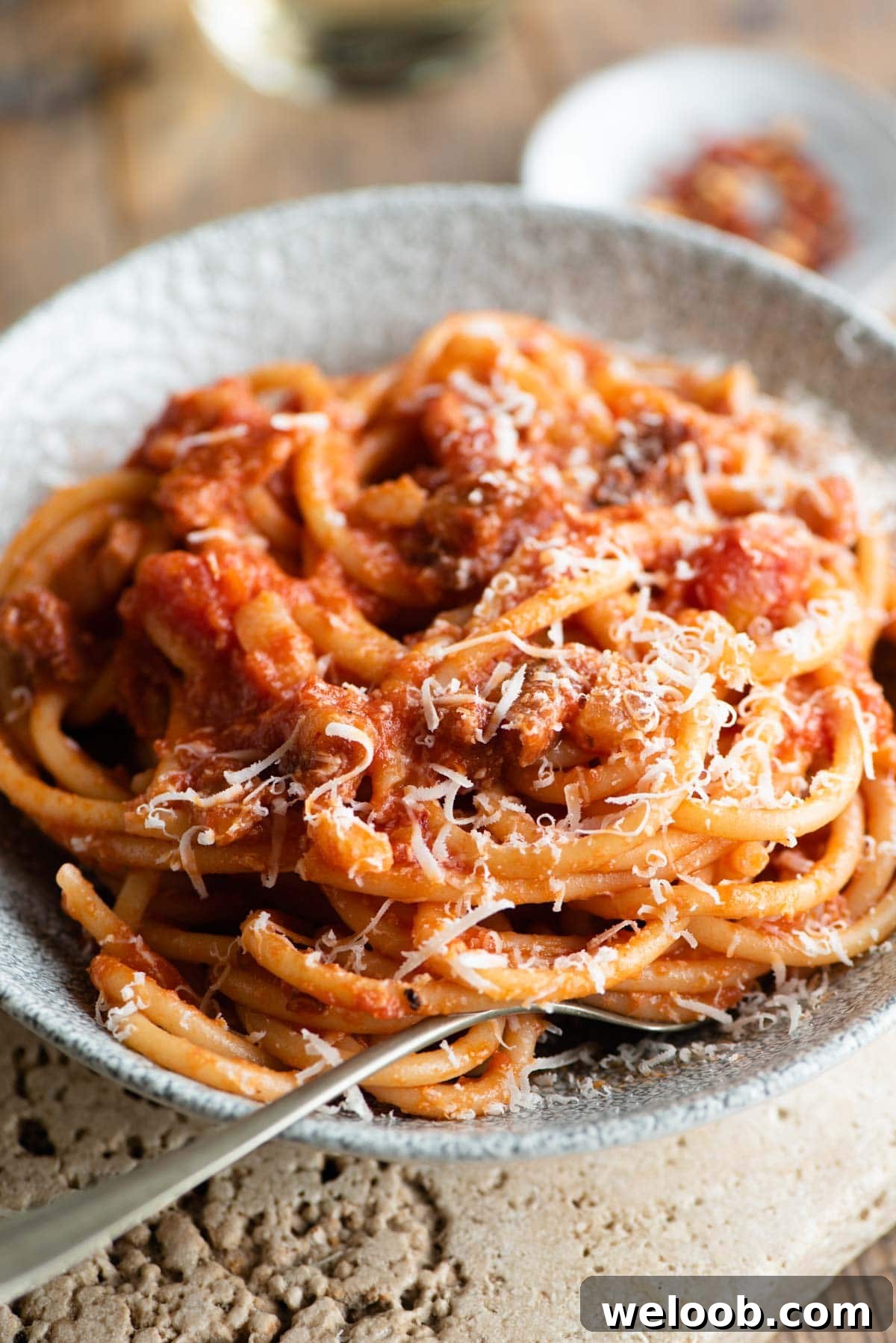 A close up of Bucatini all'Amatriciana in a bowl