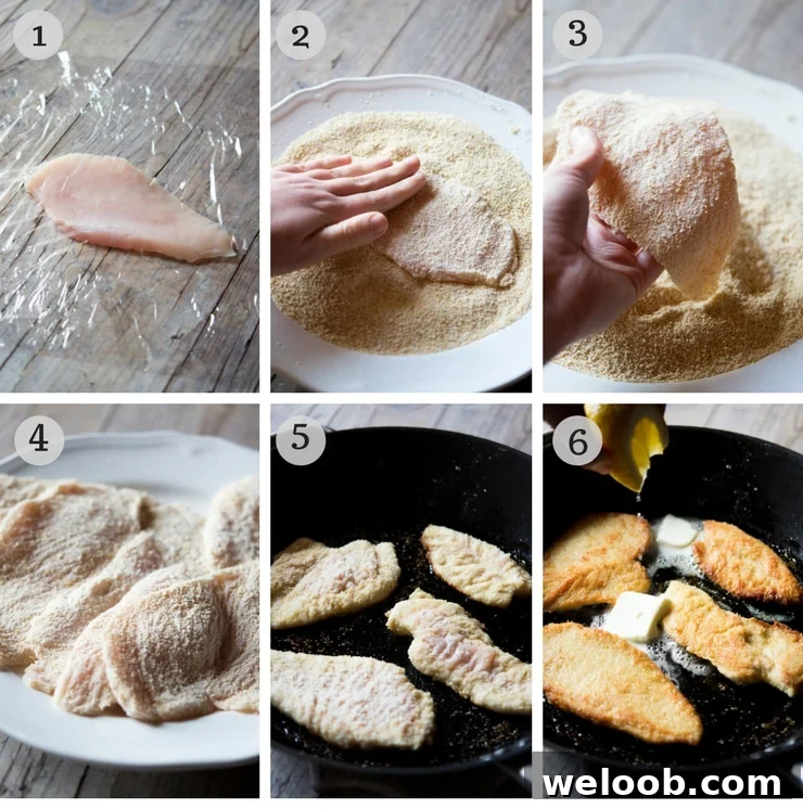 Step by step photos for making breaded chicken cutlets