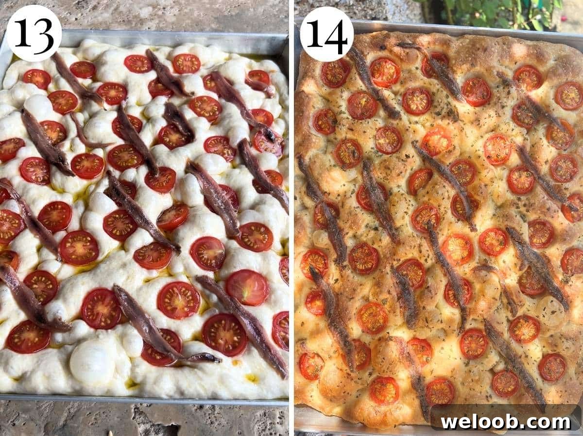 Two photos in a collage showing how a cherry tomato and anchovy focaccia looks before and after baking.