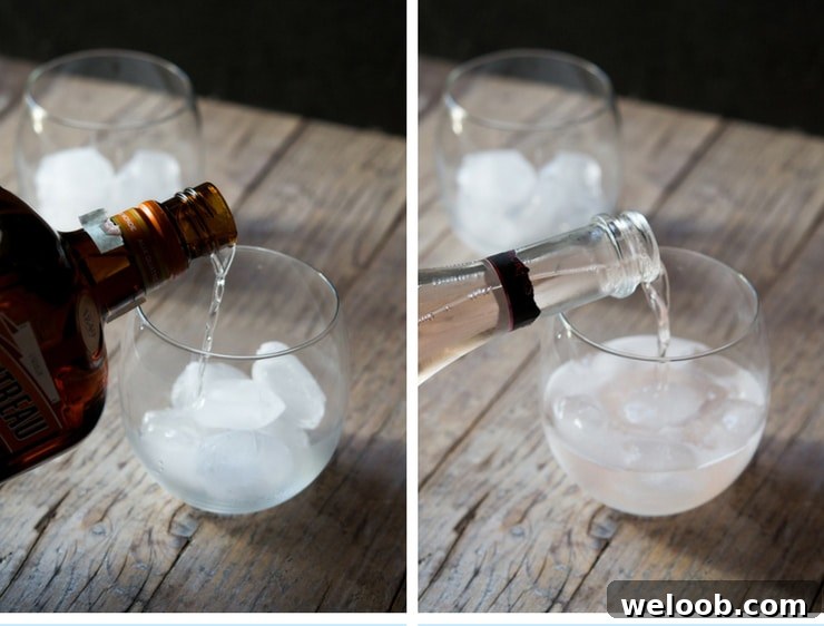 Step by step photos for making a sparkling rose cocktail with cointreau