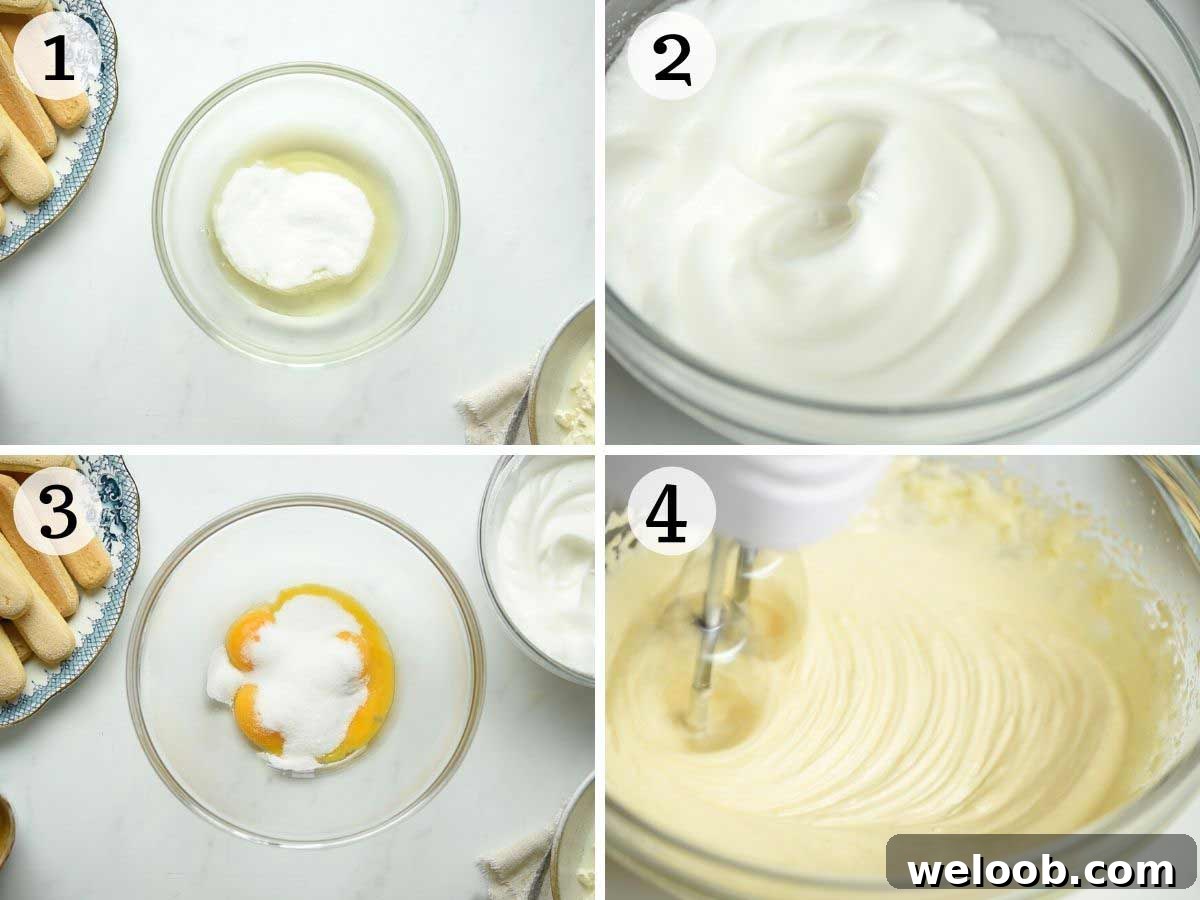 Step by step photos showing how to whisk egg whites and yolks