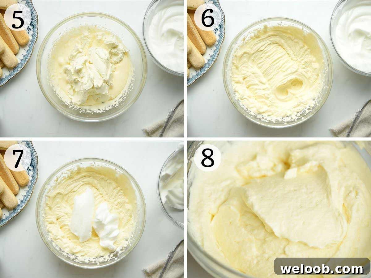 Step by step photos showing how to prepare the mascarpone filling for tiramisu