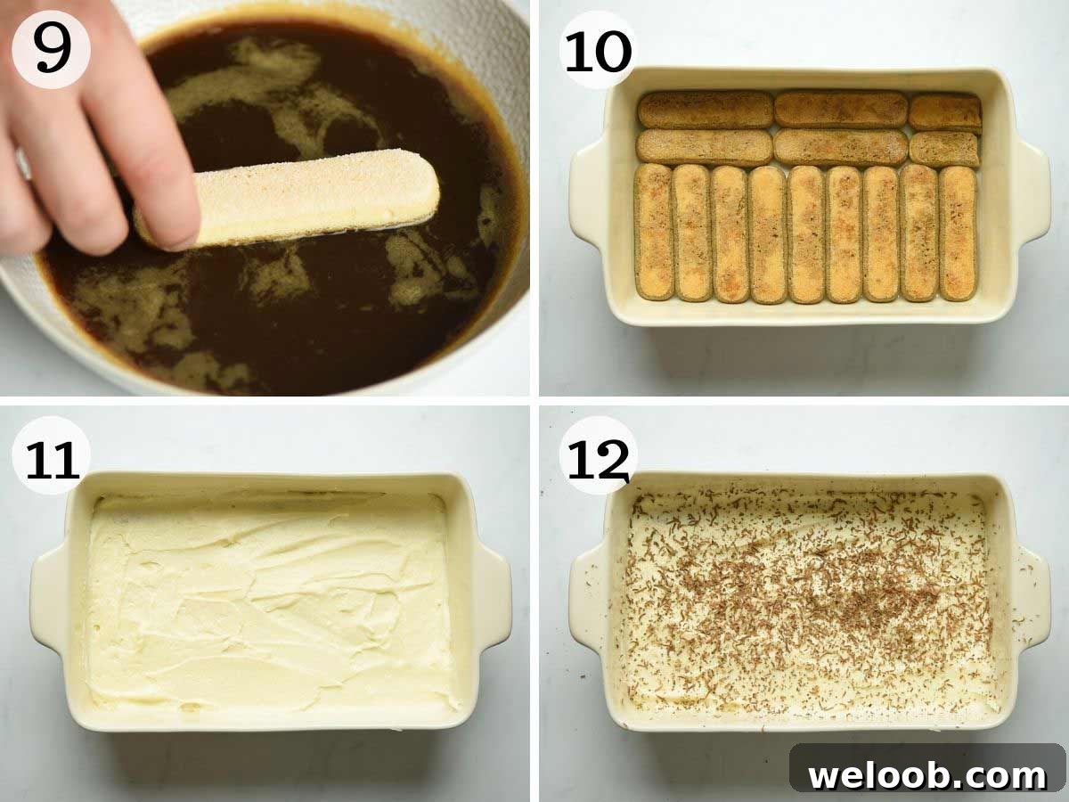 Step by step photos showing how to assemble a tiramisu