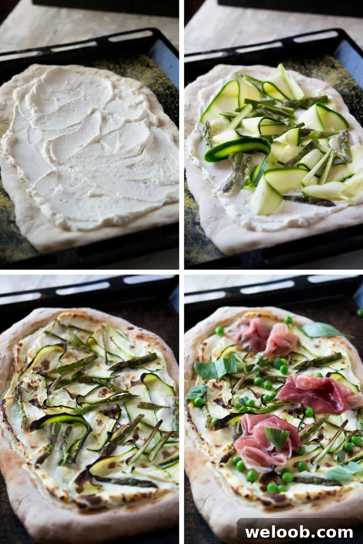 Step by step photos for how to make pizza with zucchini, prosciutto, asparagus and buffalo mozzarella