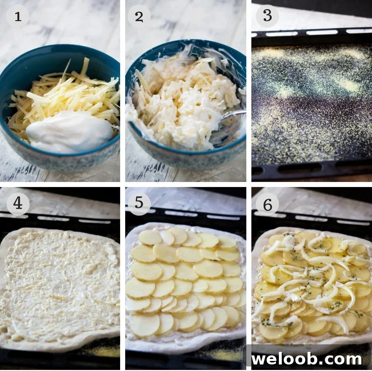 Step by step photos for how to make a cheesy potato pizza