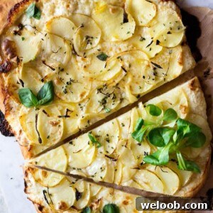 A close up of a potato pizza