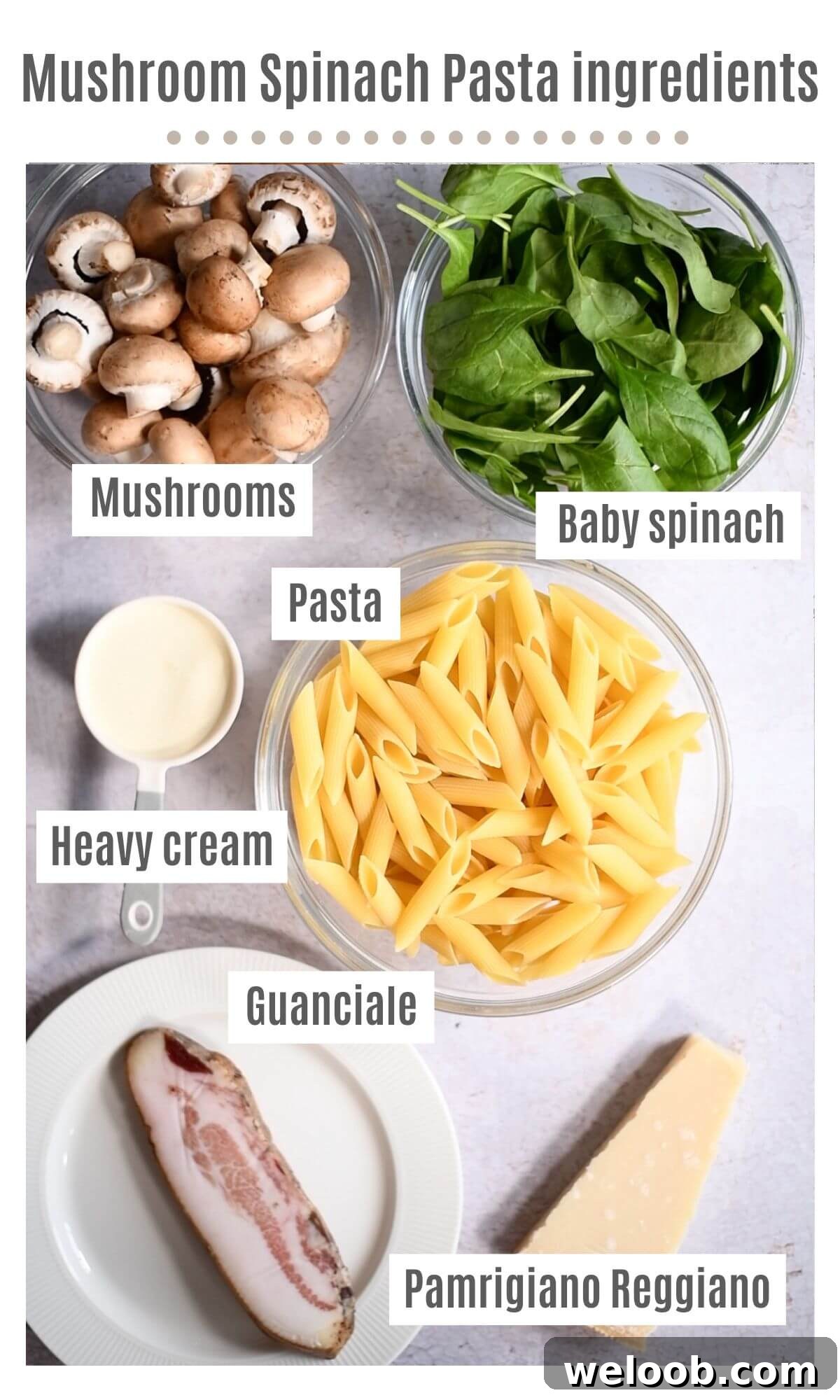 An overhead shot of all the ingredients needed to make mushroom spinach pasta.