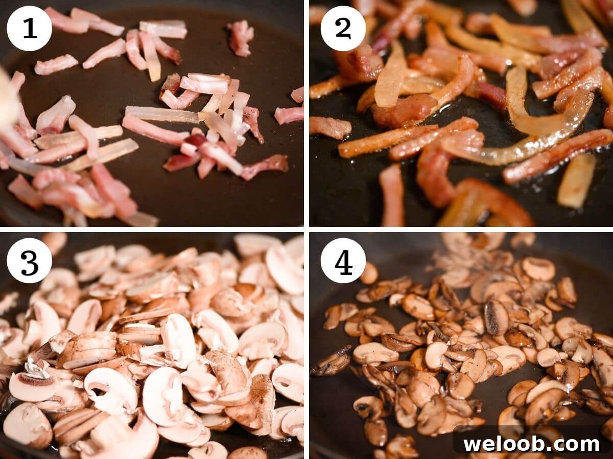 Four photos in a collage showing how to fry guanciale and mushrooms.