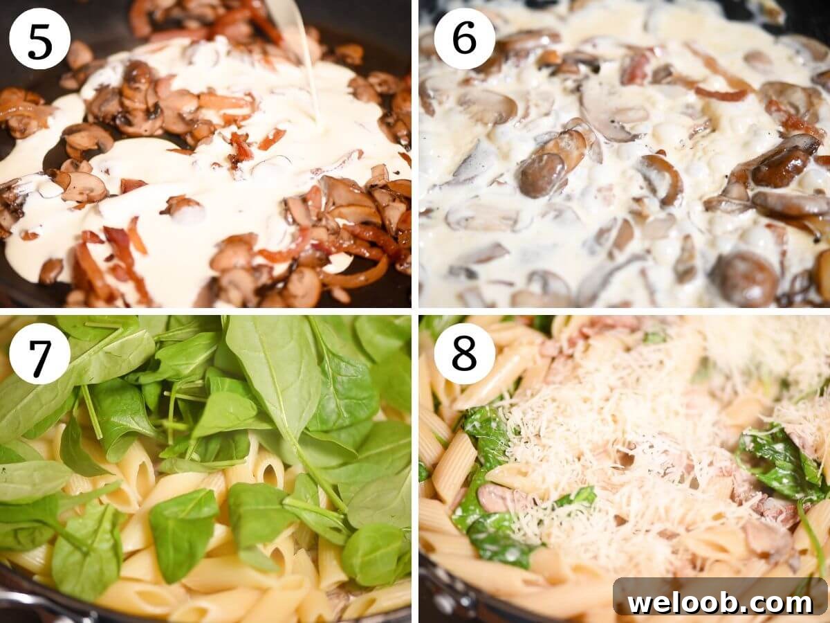 Four photos in a collage showing how to make a creamy mushroom spinach pasta.