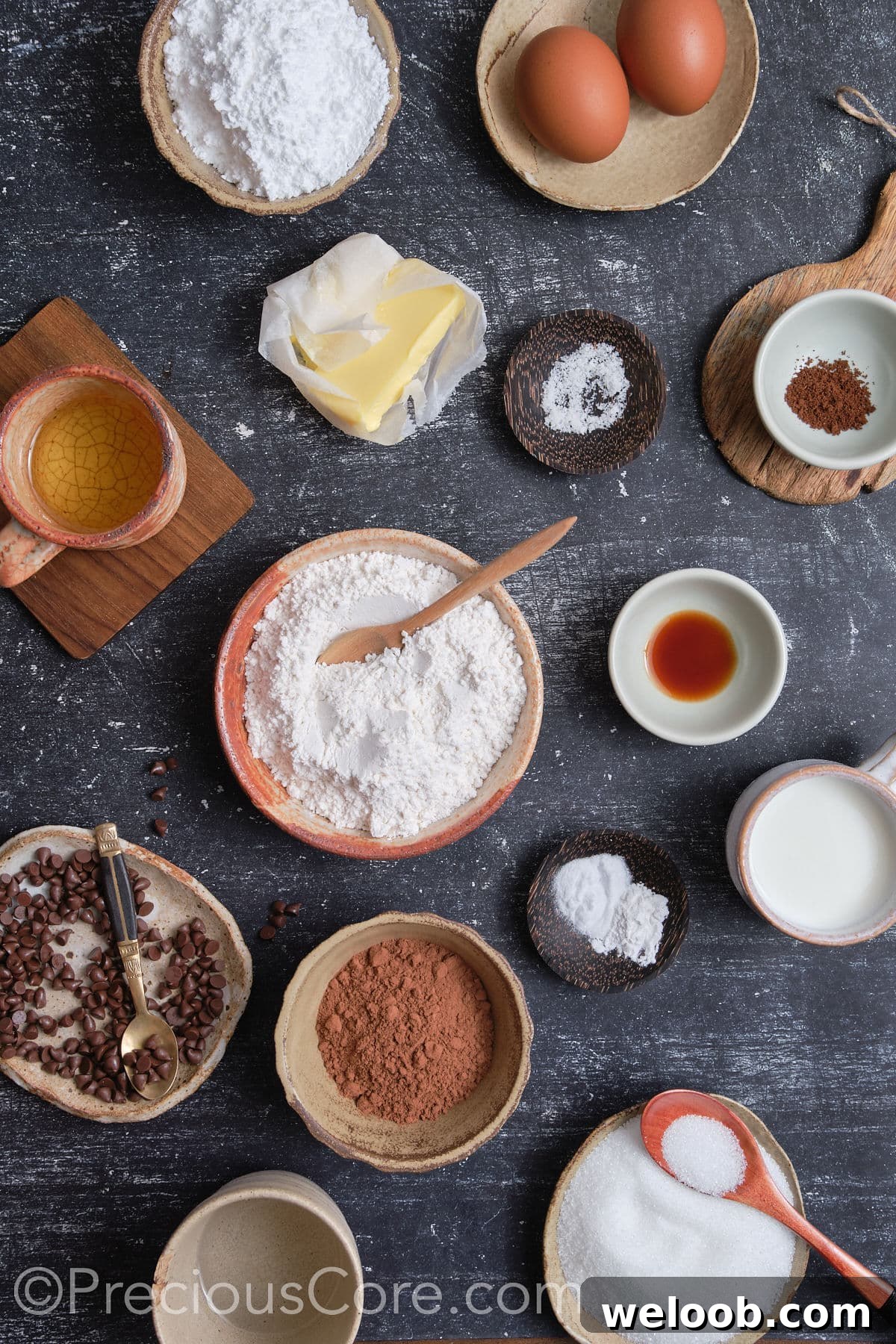 Ingredients for easy moist chocolate cupcakes.