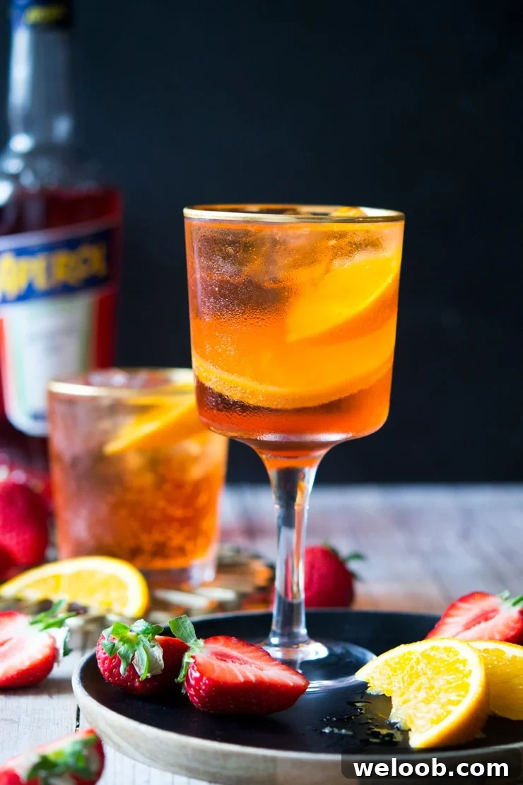 A wine glass filled with and Aperol spritz cocktail with a black background and chopped strawberries scattered around