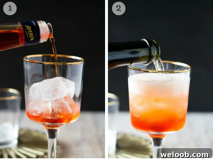 Process shots for making an Aperol spritz cocktail