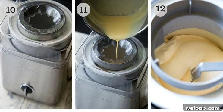 Step by step photos showing how to pour ice cream into an ice cream machine