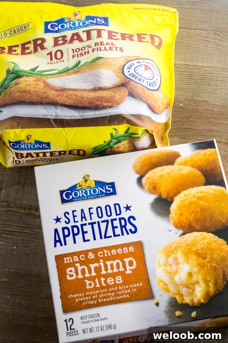 Gorton's mac & cheese shrimp bites and beer battered fish filets.