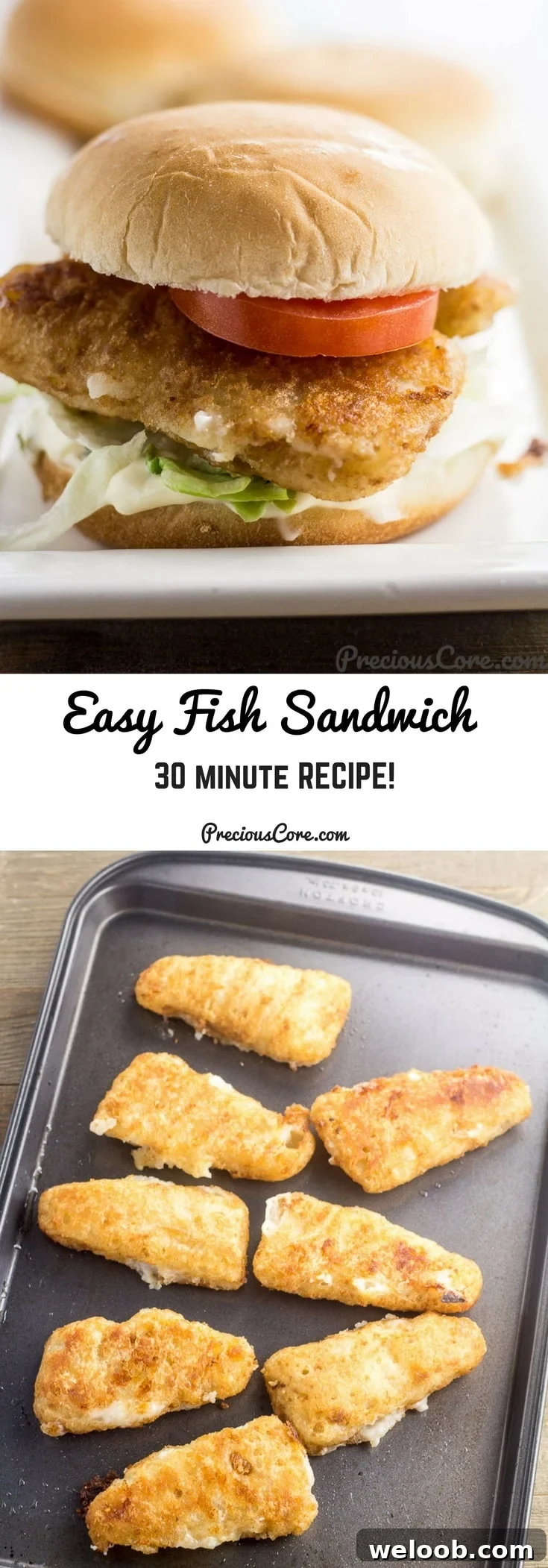 Collage with text "Easy Fish Sandwich 30 Minute Recipe!"
